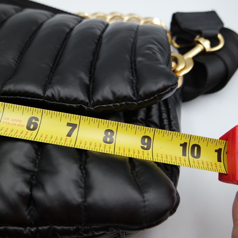 Think Royln Black Bar Bag Quilted Puffer Crossbody Bag Gold Chain & Webbed Strap - Picture 8 of 12